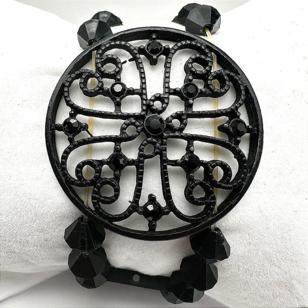Vintage 80s Black Tone Bicone Beads‎ Stretch Cuff Bracelet Women's Jewelry Retro